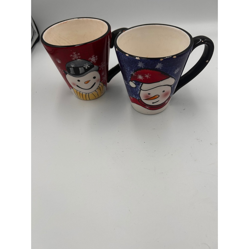 Sakura Table Snowman Smiles Earthenware Mugs Set of 2 Red Blue Winter Christmas